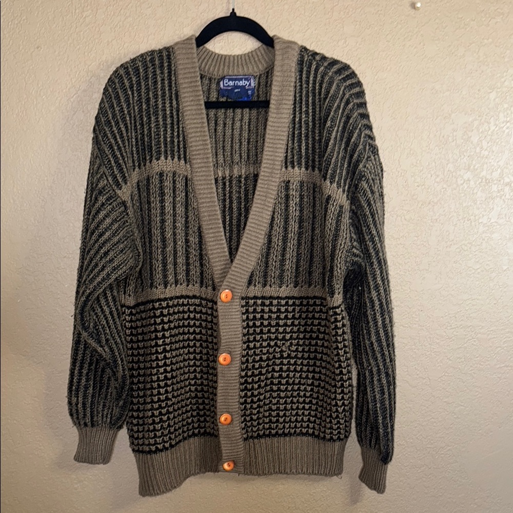 Vintage Classic Black and Tan Cardigan with Ribbed Cuffs